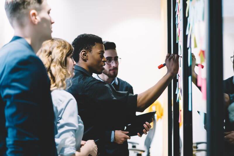 A team of people drawing on a white board
